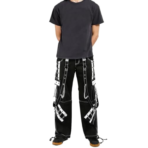 Darkrock Men Goth Punk Rock Gothic Black & White Pant with Metal